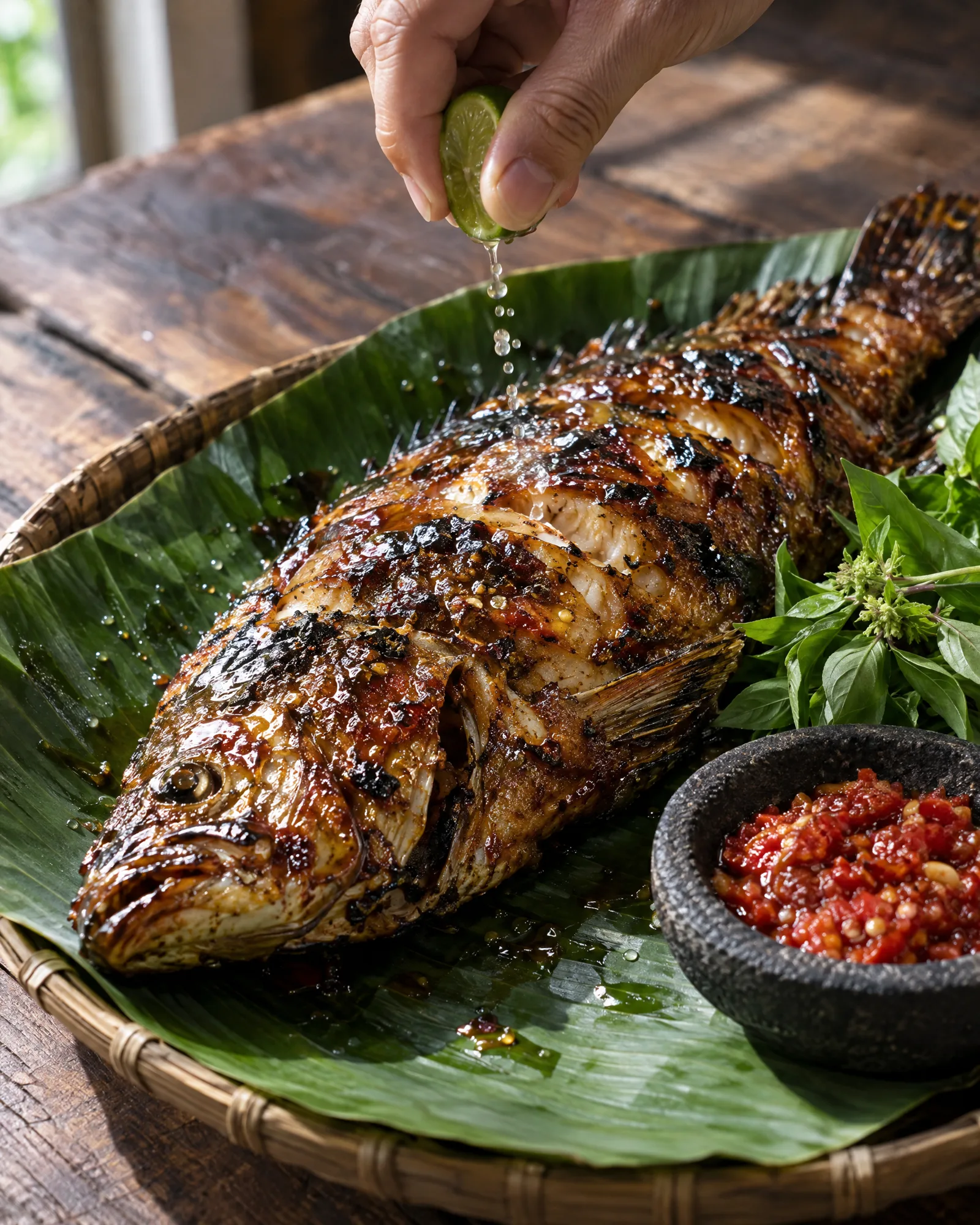 Kerapu bakar madu di atas daun pisang, diperasi jeruk limau, dengan sambal di cobek batu
